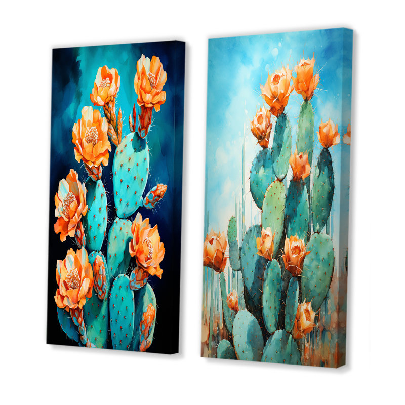 Cactus bleu et bronze brossé - ensemble de 2 décorations murales cactus, H 32 po x l 33 po, Toile tendue