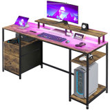 Computer Desk with LED Lights, USB Ports, Gaming Desk with Storage Shelves, Monitor Stand