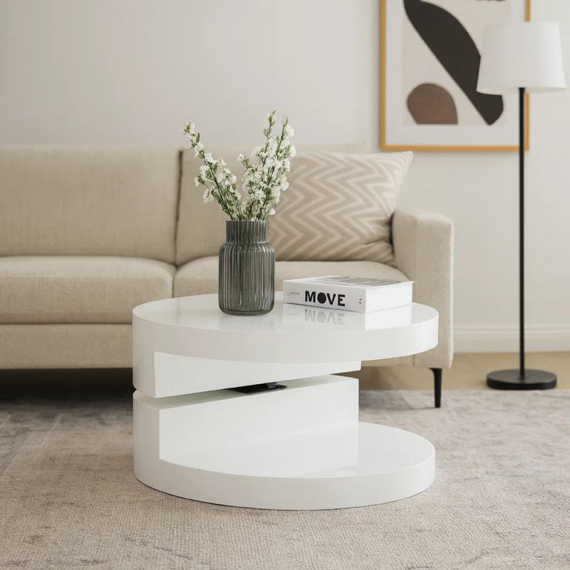 Table basse, tablette ouverte, plateau rond blanc moderne rotatif de 24 po
