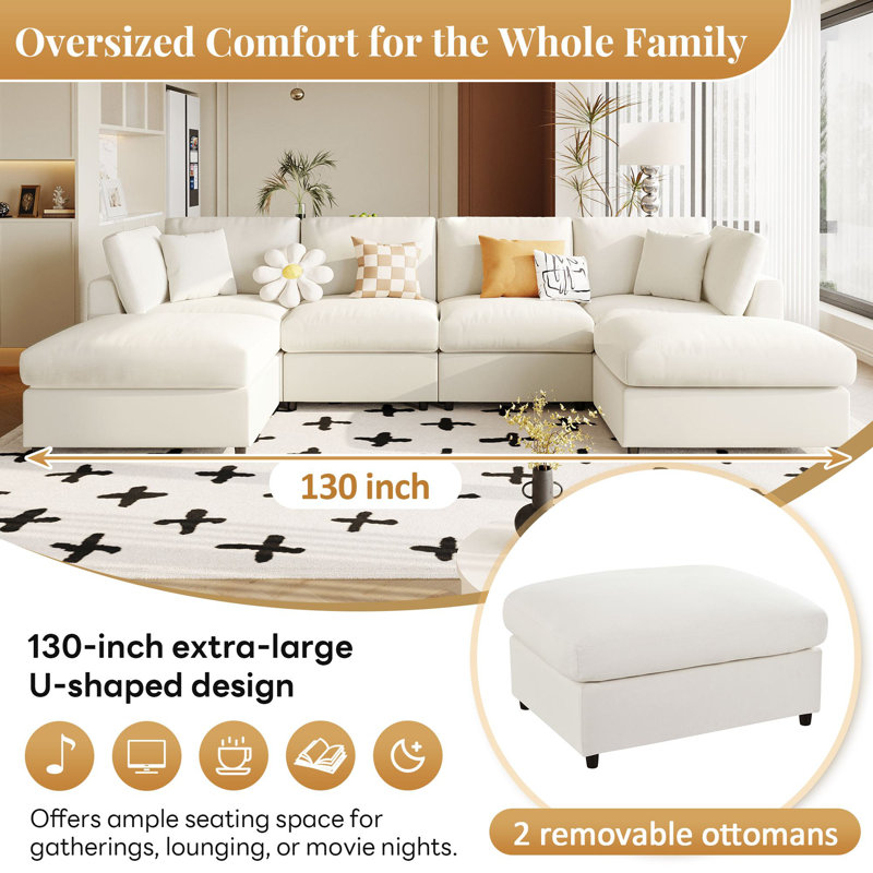 Kustas 130" Chenille Sectional Sofa, Beige Chenille