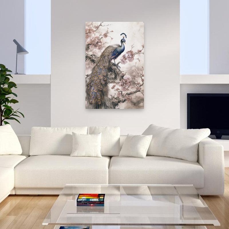 Peacock Among Cherry Blossoms Contemporary Bird Animal Flower Wall Art Print, 60.96cm H x 40.64cm W
