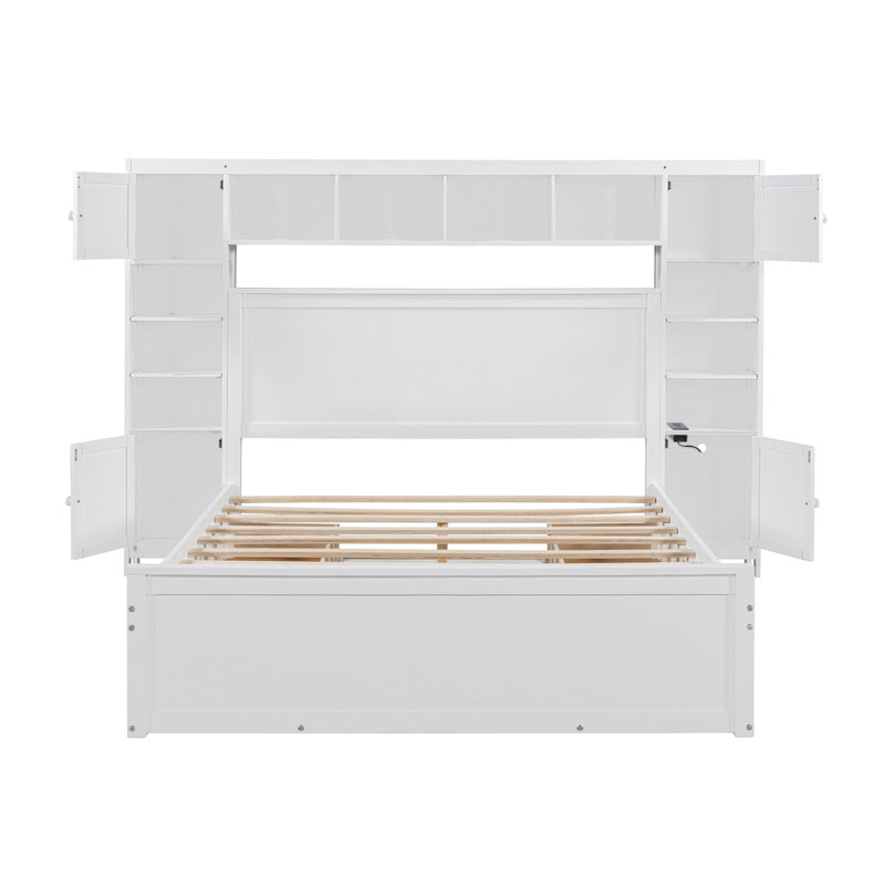 Grand lit en bois avec armoire tout-en-un, tablette et prises, blanc, Blanc