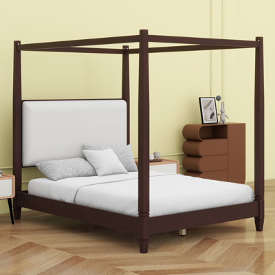 Base de lit à baldaquin de luxe avec tête de lit tapissier et pieds en lattes de bois massif