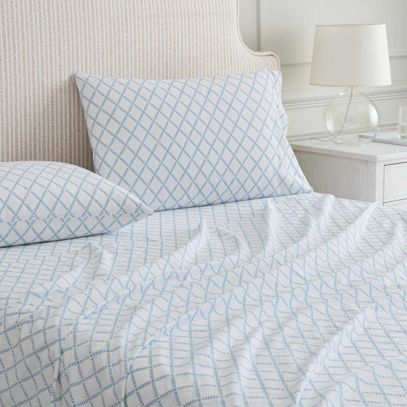 Martha Stewart Cotton Percale  Sheet Set, Twin Sheet Set with 1 Pillowcase, Leaf Trellis Blue