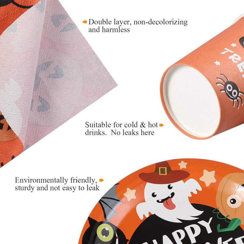 Halloween Party Disposable Tableware Set with Plates, Cups, and Napkins