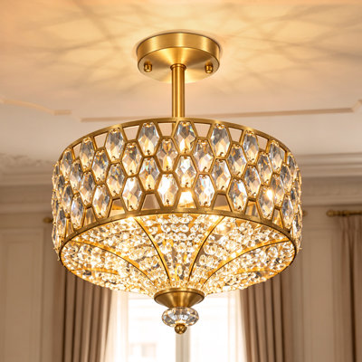 3-Light 14" Polished Brass Modern Drum Semi-Flush Mount with Crystal Features for Living Room/Bedroom