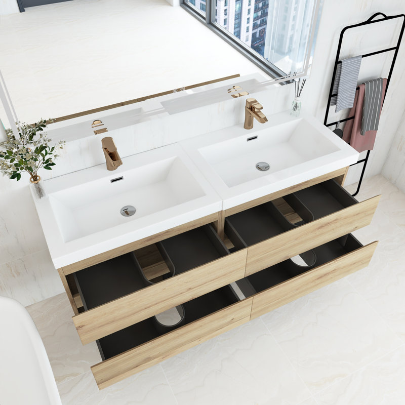 Princeton 60'' Double Bathroom Vanity with Resin Top, Oak