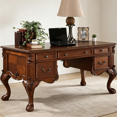 American Vintage Brown Solid Rubberwood Desk with Hand Carvings & Spacious Drawer Storage, Multi-purpose Writing & Computer Desk for Home Office