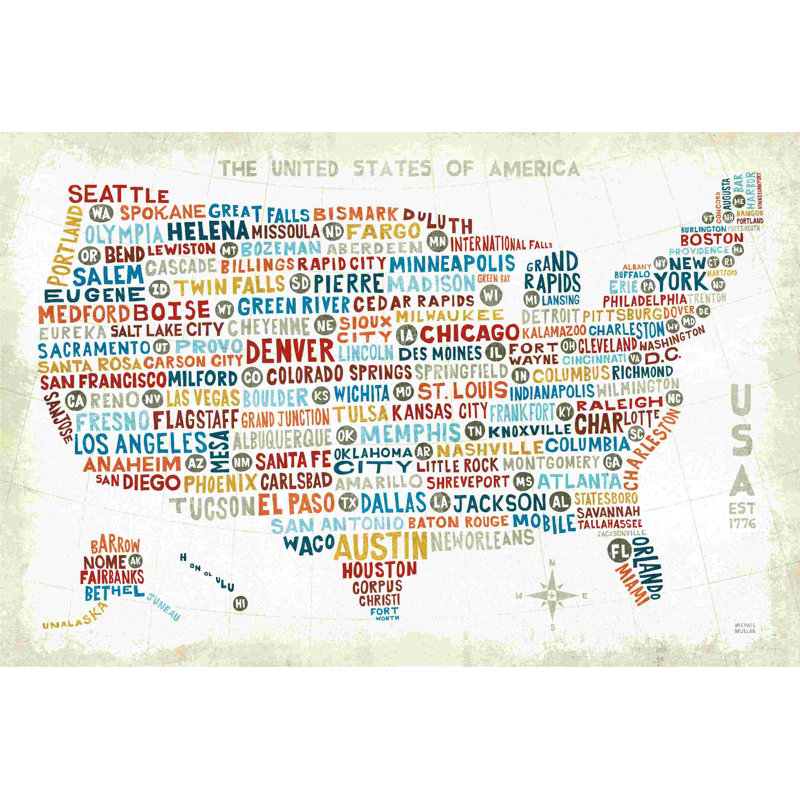 «US City Map» par Michael Mullan - Art textuel, H 8 po x l 12 po, Non, Toile tendue