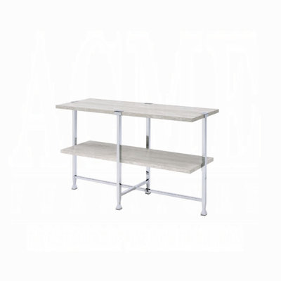 Contemporary Sofa Table With Shelf White Oak Finish Wooden Top Living Room Furniture 1Pc Chrome Metal Frame Console Table