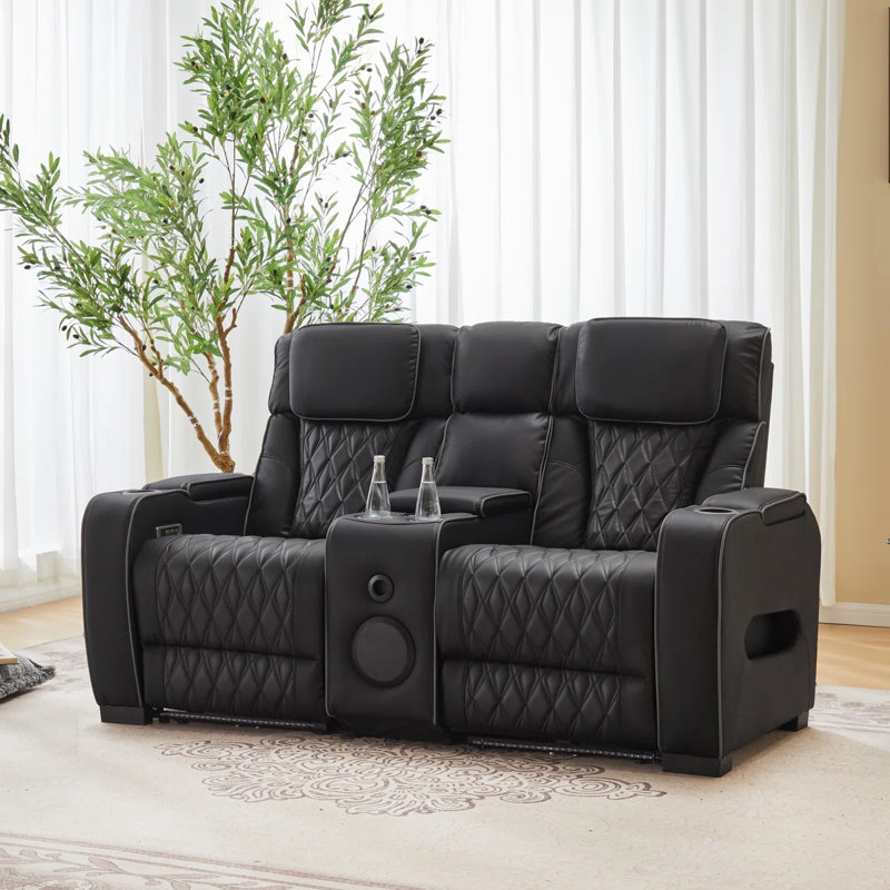 Canapé inclinable électrique 2 places avec éclairage DEL, porte-gobelets, console de rangement, surpiqûres en losange et accoudoirs rembourrés, revêtement en similicuir pour home cinéma.