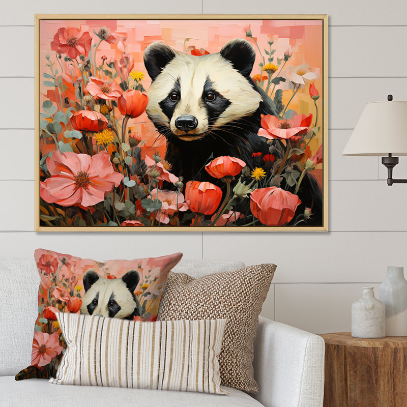 Panda Blooms Meadow - Panda Animal, art mural, Cadre flottant noir, H 24 po x l 32 po x P 1 po