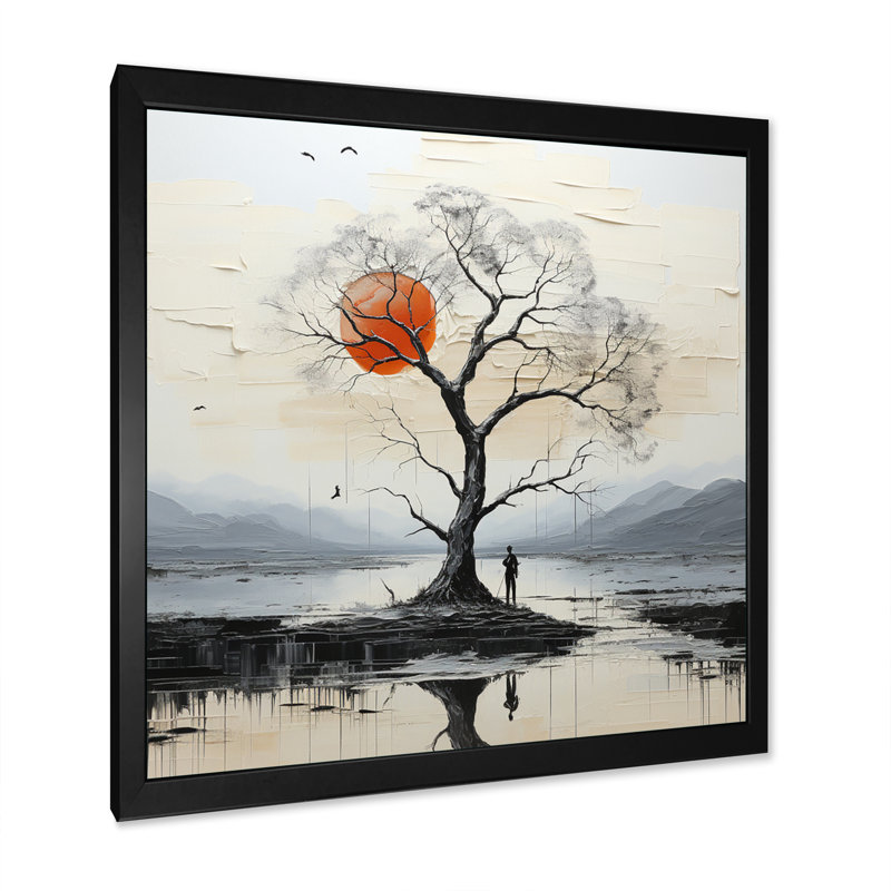 «Grey Red Minimalisme Tree Solitude III», reproduction sur toile, H 24 po x l 24 po x P 1 po, Cadre simple noir