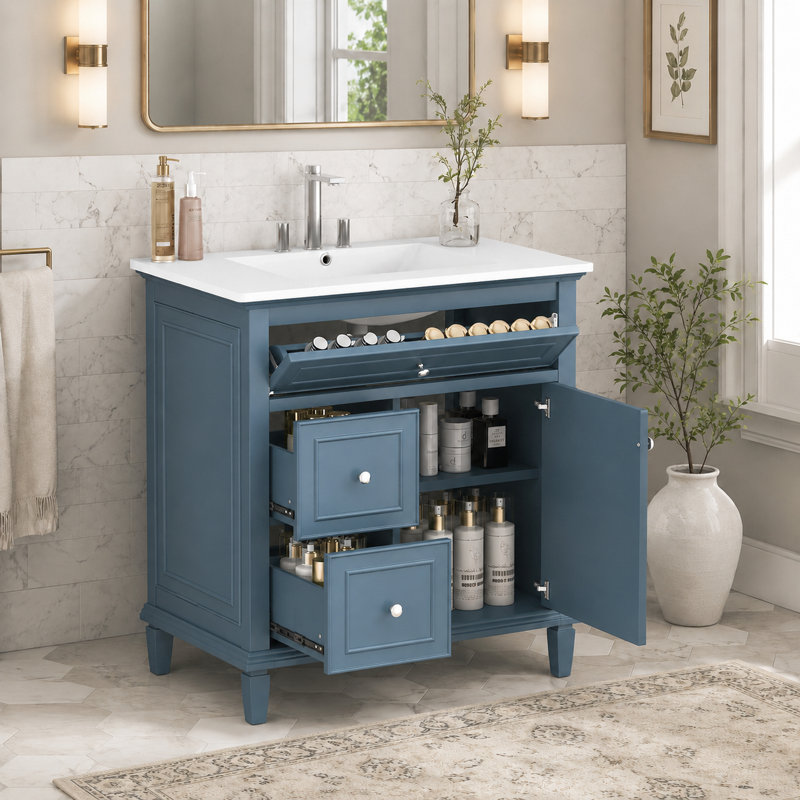 Ensemble de meuble-lavabo simple 30 po avec lavabo en céramique Velmori, tiroir de rangement basculant et tablette réglable
