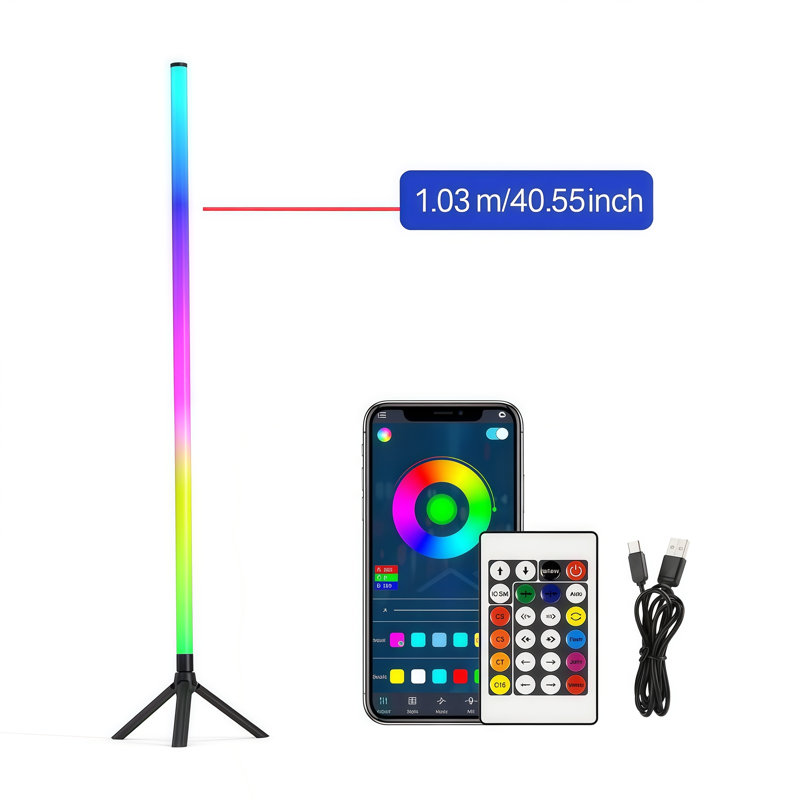 Lampe d'angle murale RVB 360°, 3 tubes de 1030 mm (40,55 pouces), éclairage d'ambiance DEL à prise USB, application, télécommande et contrôle tactile, synchronisation musicale, lumière RVB à changement de couleur pour chambre et salle de jeux, 1 unité