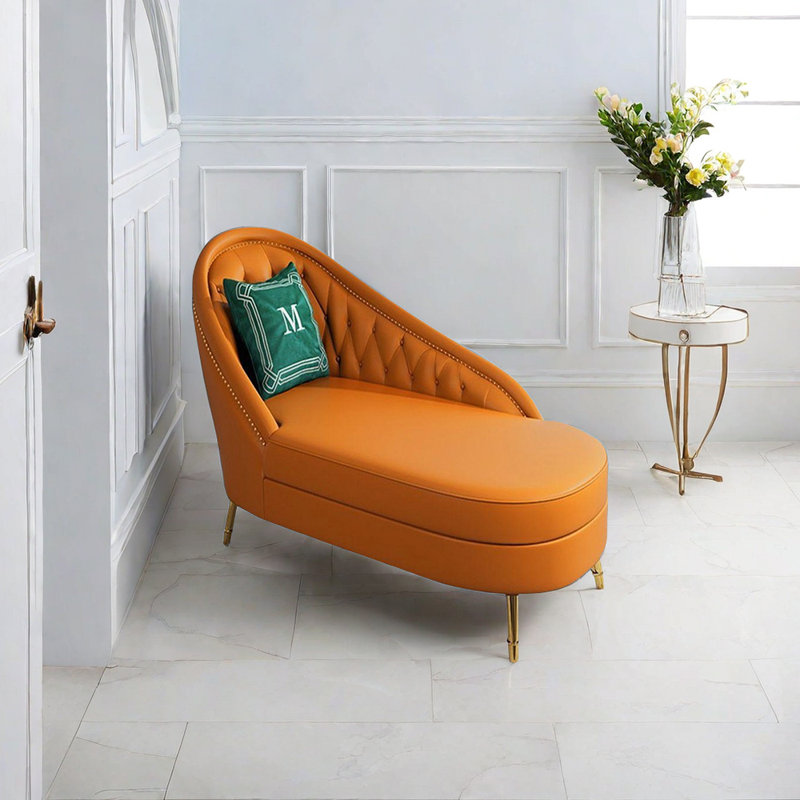 Chaise longue inclinable rembourrée en cuir massif et structure en bois massif, Accoudoir à droite (vu de face), Orange