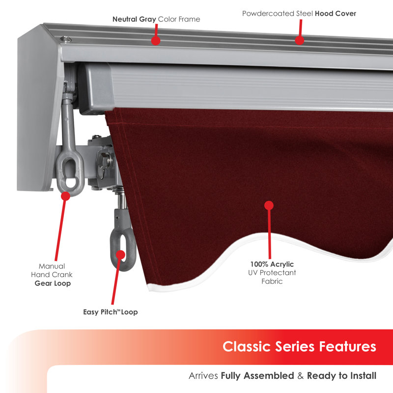 Advaning Classic Series 13'x10' Motorized Remote Controlled Retractable Awning, 9.8" H x 156" W x 120" D, Burgundy Solid
