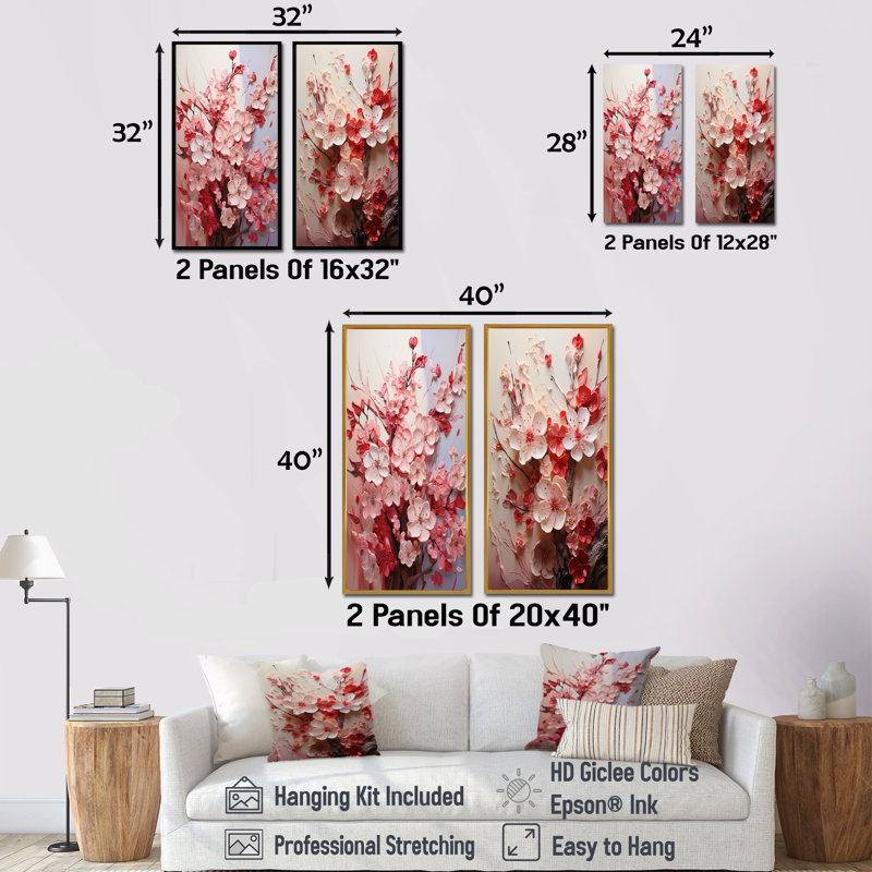 «Pink Orchard Tree Ballet Of Cherry Blossoms IV», ensemble de 2 impressions sur toile de cerisier, Cadre flottant blanc
