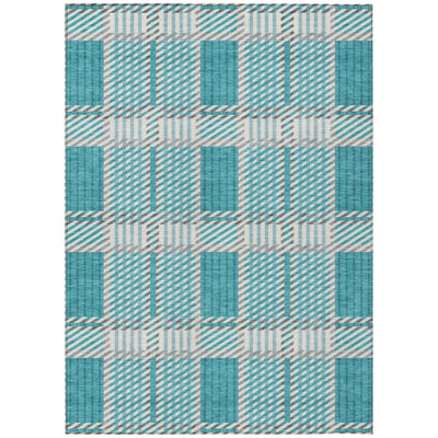 3' X 5' Teal Blue Gray And Ivory Plaid Washable Indoor Outdoor Area Rug