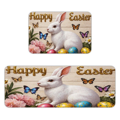 Ensemble de 2 tapis de cuisine avec lapin blanc et papillons