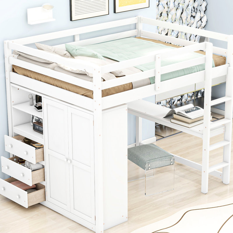 Lit mezzanine double blanc avec garde-robe, bureau, tablettes et tiroirs intégrés, Blanc
