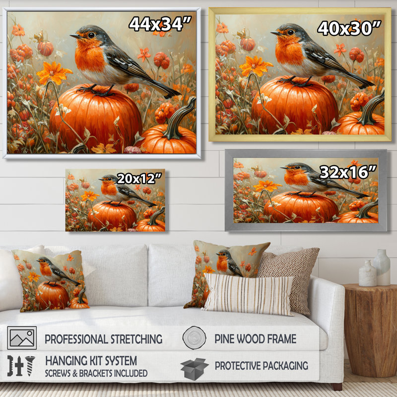 Robin, oiseau dans la citrouille, patch II - oiseau, décoration murale, H 34 po x l 44 po, Cadre simple, Noir