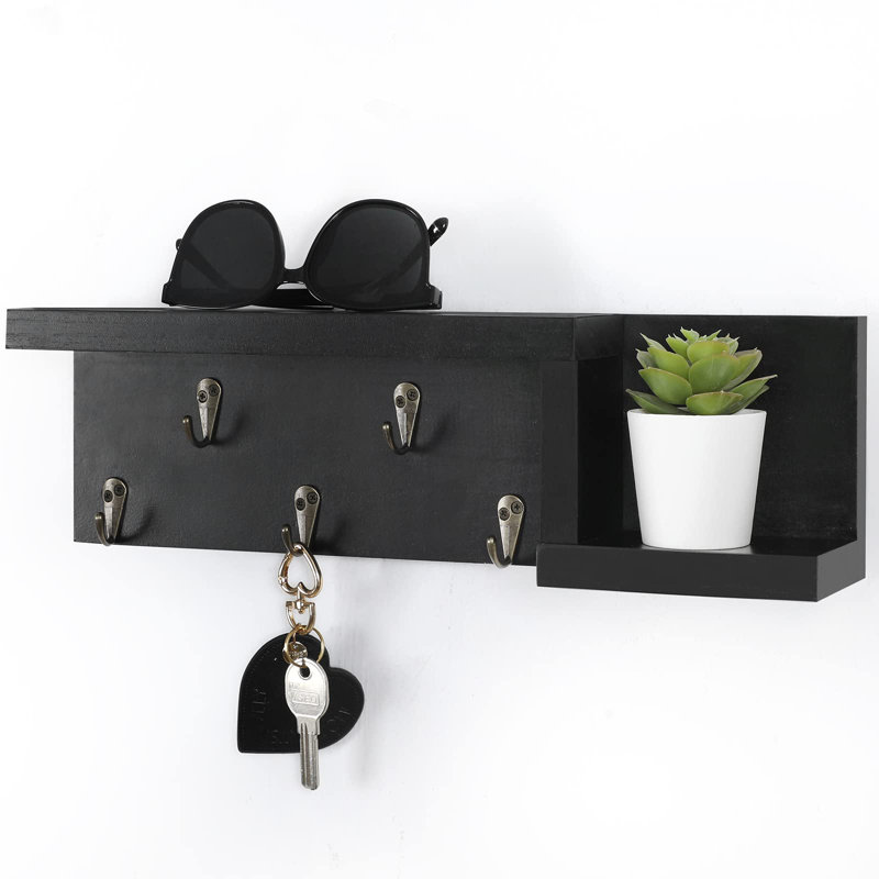 Decorative Key Holder For Wall With Shelf, Entryway Shelf With Hooks Holds, Black