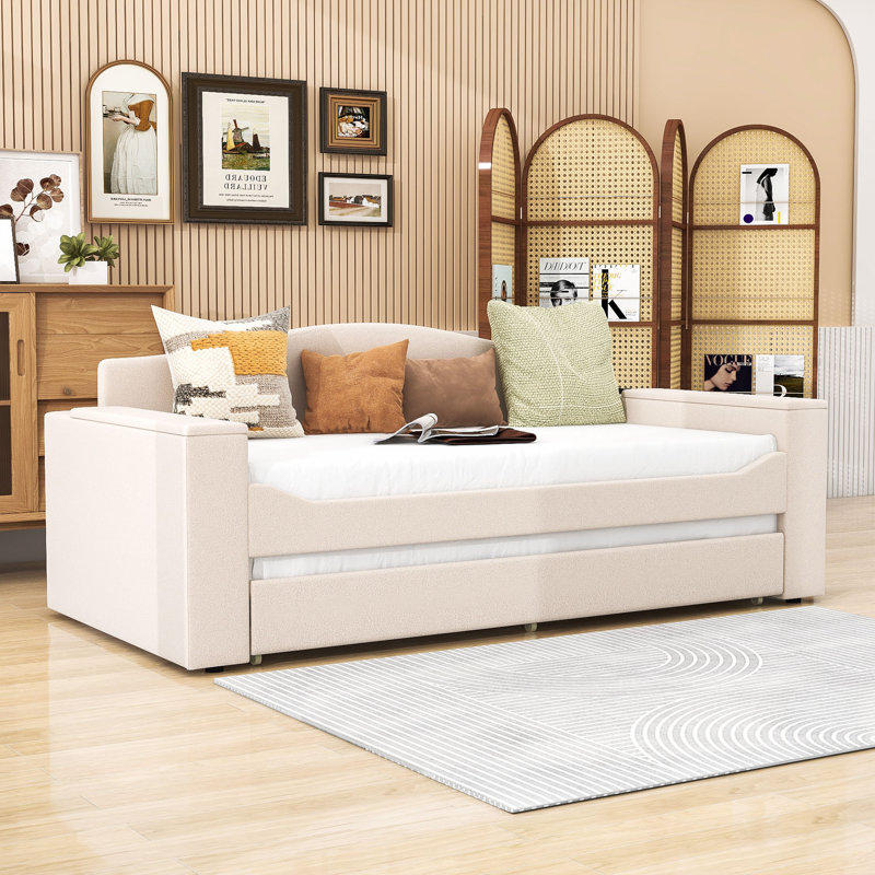 Ornie Wood Upholstered Daybed with Storage Armrests, Trundle and Integrated Bluetooth Audio System, Beige, Twin