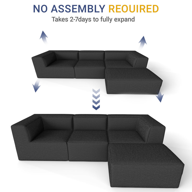 Canapé modulaire en L 106 po avec repose-pieds en chenille sans os 106 po, aucun assemblage requis, Chenille gris charbon