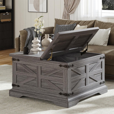 Table basse de style campagnard avec rangement, table centrale carrée pour le salon, rustique, couvercle à charnière avec fermeture en douceur, bois, grand rangement caché, moderne, coin en métal, gris