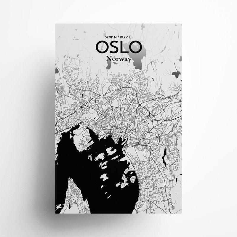 Oslo, carte de la ville, impression, Noir et blanc, H 36 po x l 24 po