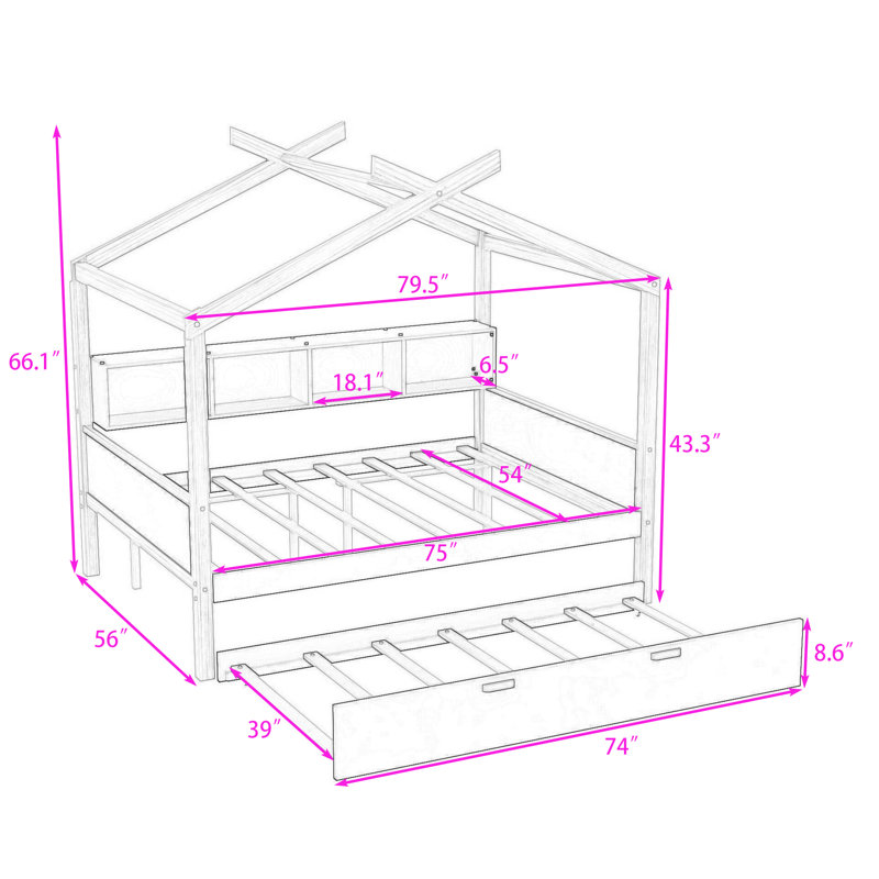 Lit en bois blanc avec lit gigogne simple et tablettes, Double