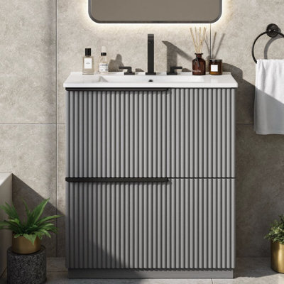 Meuble-lavabo cannelé 30 po avec lavabo en céramique - Tiroirs à fermeture en douceur à extension complète avec rangement cloisonné, armoire moderne autoportante avec poignées de 17,5 po pour la salle de bain