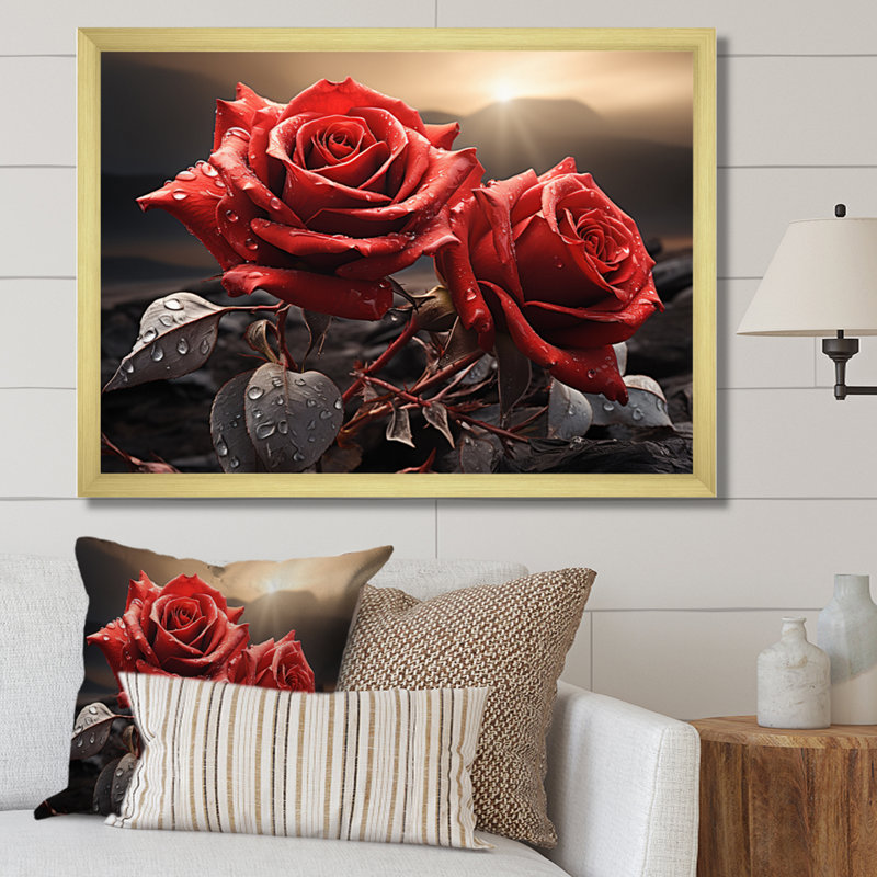 Champ de roses rouges et noires avec coucher de soleil, H 16 po x l 32 po x P 1 po, Cadre doré à une seule photo