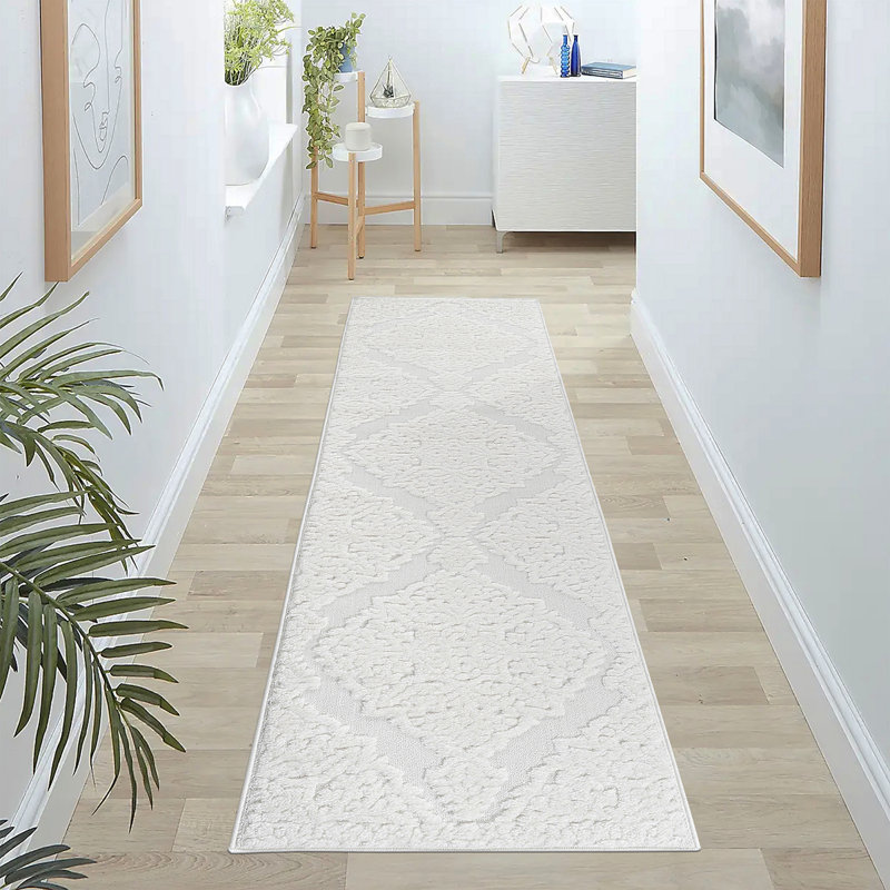 Step Collection High-Low Medallion Cream/Cream Indoor Runner Rug, 2'2''X8', Modern, Contemporary, Geometric, Bohemian, Bedroom, Kitchen, Living Room, Hallway, Non Shedding Carpet