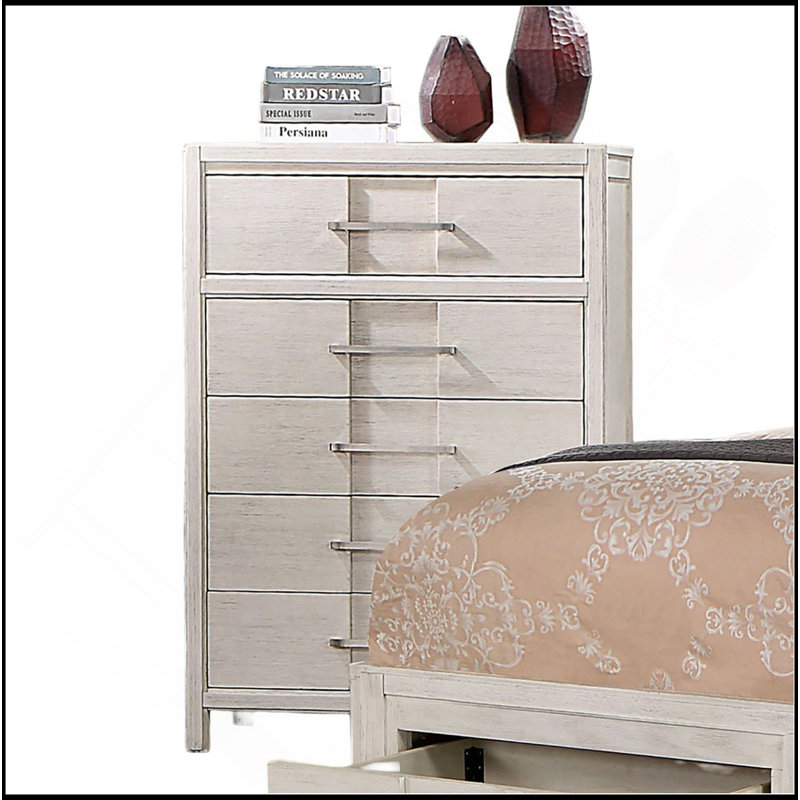 Commode 1 pièce style transitionnel à queue d'aronde anglaise à cinq tiroirs avec poignées courbées et finition blanche