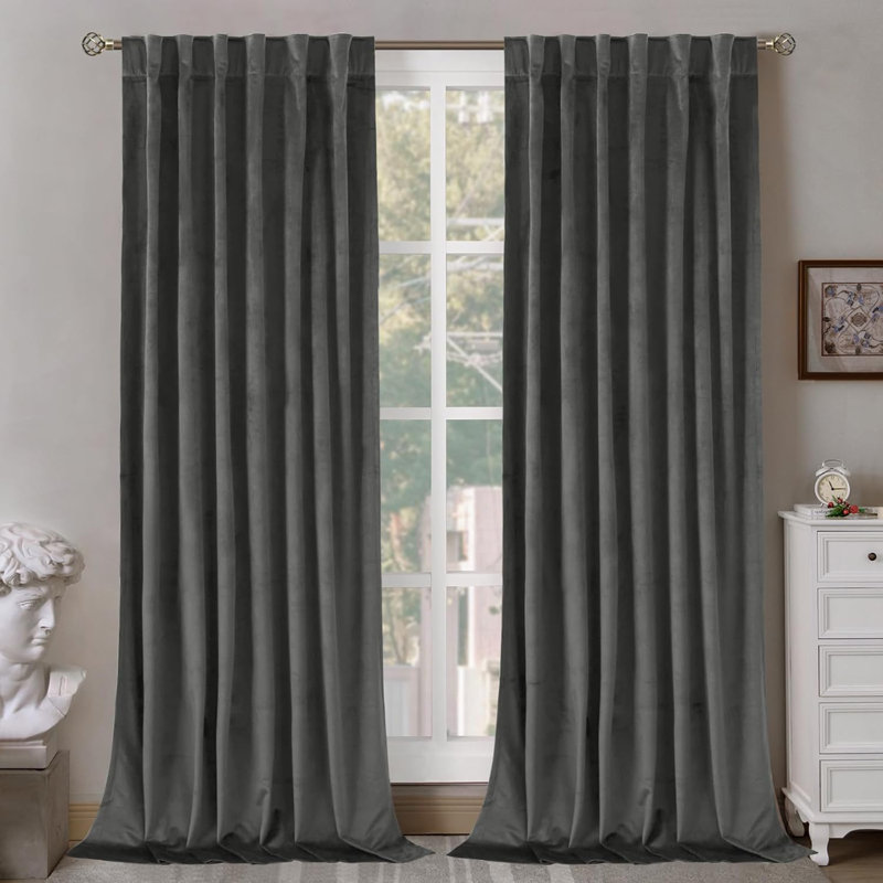 Gwennoline Velvet Room Darkening Curtain Panel Pair, 52" W x 108" L, Dark Gray