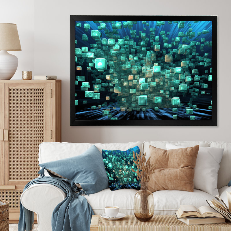 Matrix galaxie abstrait bleu foncé et turquoise - imprimé, H 24 po x l 32 po x P 1 po, Cadre simple noir