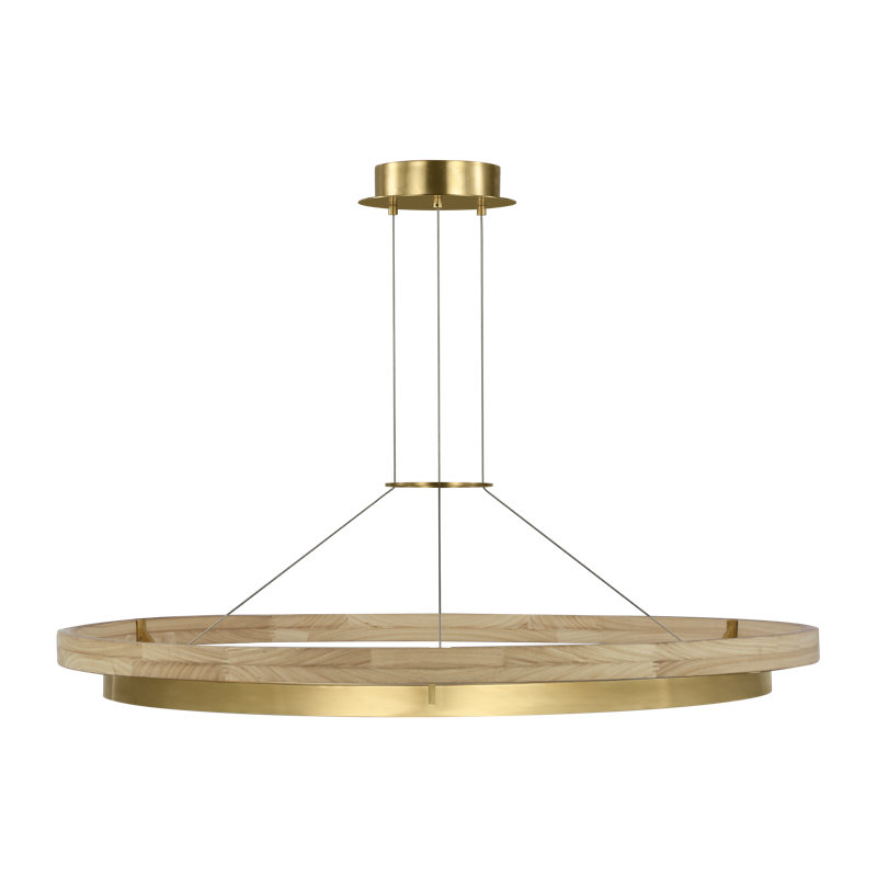 Sean Lavin Grace LED Ring Chandelier in Hand Rubbed Antique Brass/Natural Oak with Wood shade, 149.8" H x 48" W x 48" D 