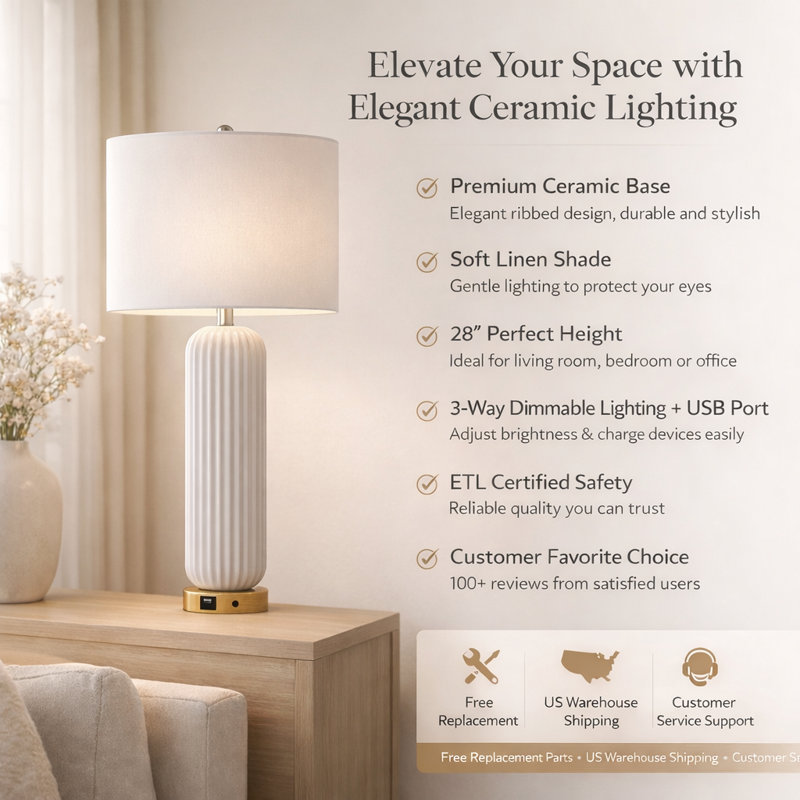 Brigitzer 28" Modern Ceramic Table Lamp with USB Charging Port and 3-Way Dimmable Lighting
