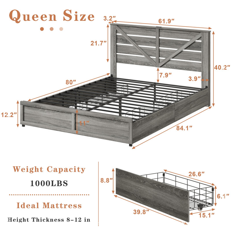 Structure pour grand lit avec tête de lit, 4 tiroirs et éclairage DEL, Queen