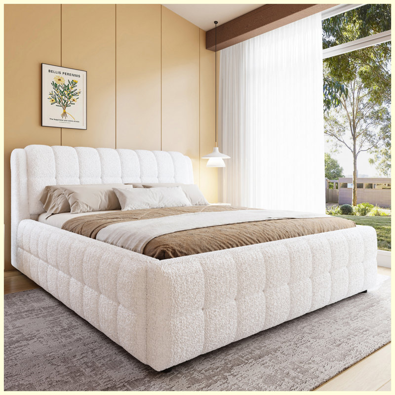 Très grand lit plateforme tapissier californien, White