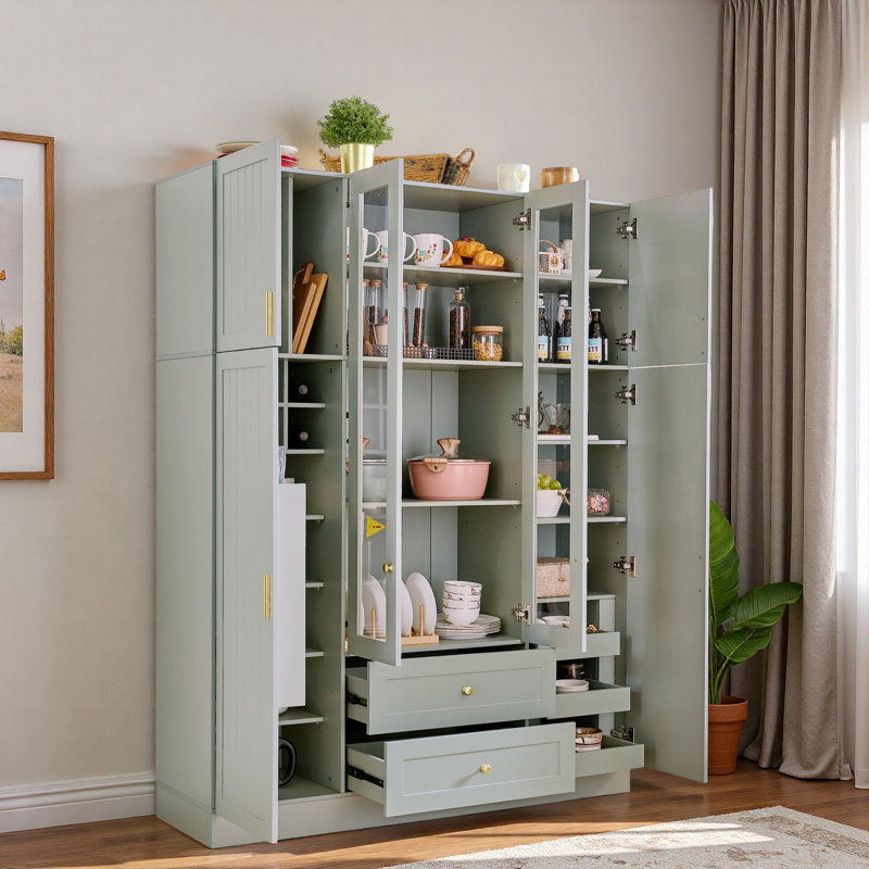 Grand garde-manger moderne avec 6 portes, tiroirs, tablettes réglables, plateaux coulissants et porte-bouteilles, Gris