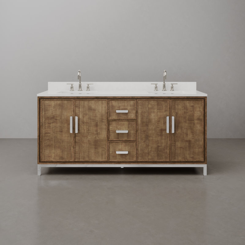 Brookhn 72 In. Double sink White Quartz top Bath Vanity in Lustrous Walnut with Gooseneck Faucet