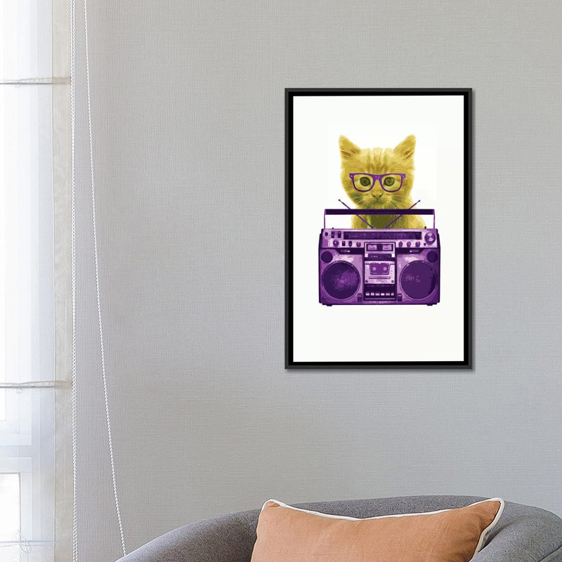 " Hipster Kitty " by Steez, 26" H x 18" W x 1.5" D, Black Framed Canvas, No Mat