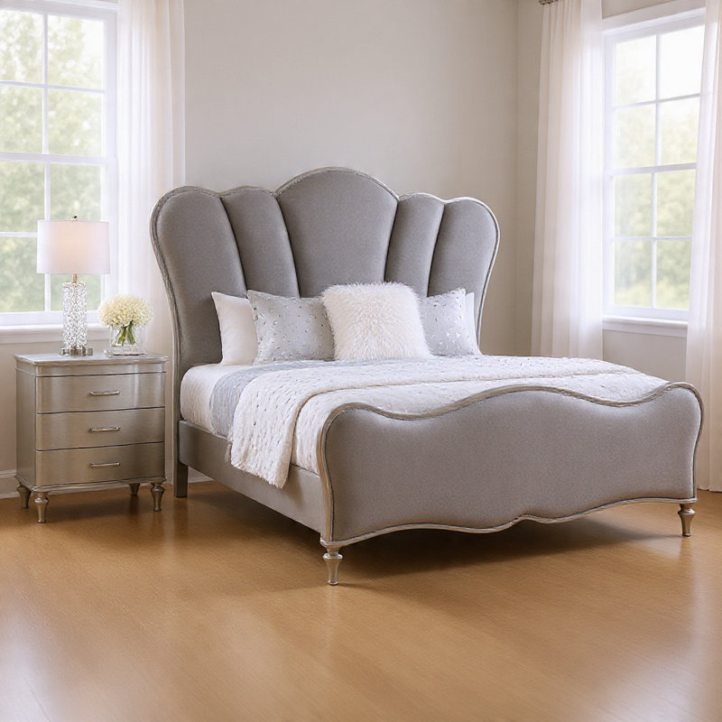 Ensemble de chambre pour grand lit, argent, bois chromé, ensemble de 2 pièces avec table de chevet, 2 Pcs: Bed, Nightstand