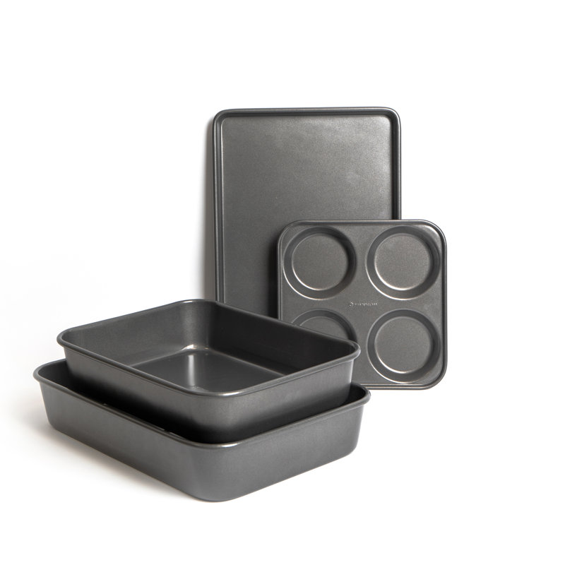 4pc Non-Stick Bakeware Set with 2x Roasting Pans, Baking Tray & 4-Hole Yorkshire Pudding Pan