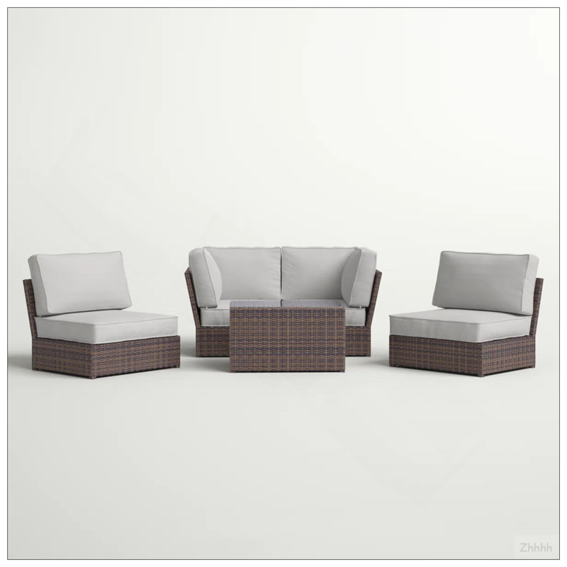 Ensemble de canapés d'extérieur entièrement rembourrés en osier avec coussins - 4 places, Light Grey Cushion/Espresso Frame