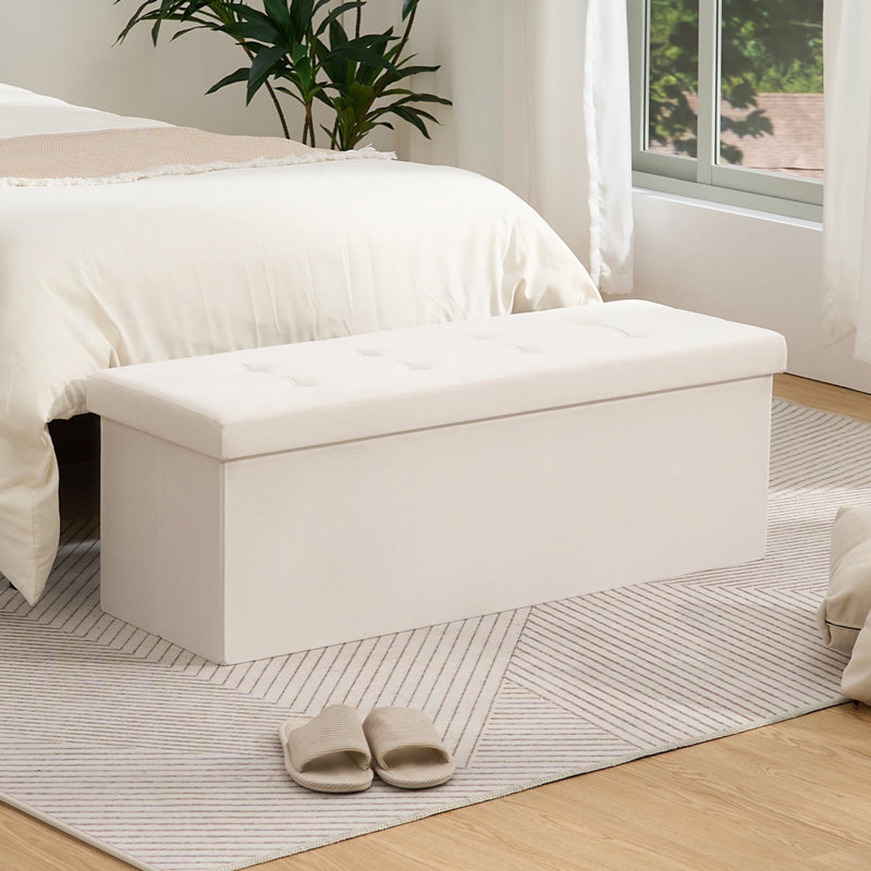 Folding Storage Velvet Bedroom Bench With Storage, Cream, 15" H x 43" W x 15" D