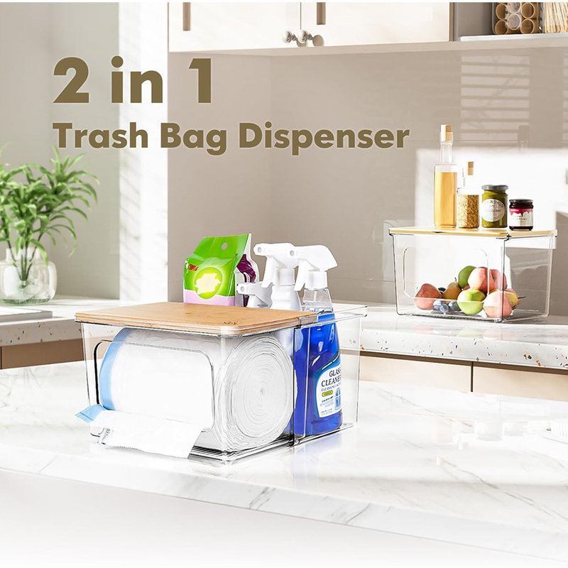 Porte-sac poubelle - Organisateur sous l'évier 2-en-1 avec boîte en acrylique transparent et couvercle en bambou, peut contenir de grands rouleaux jusqu'à 100 unités pour la cuisine, le garde-manger et la salle de lavage